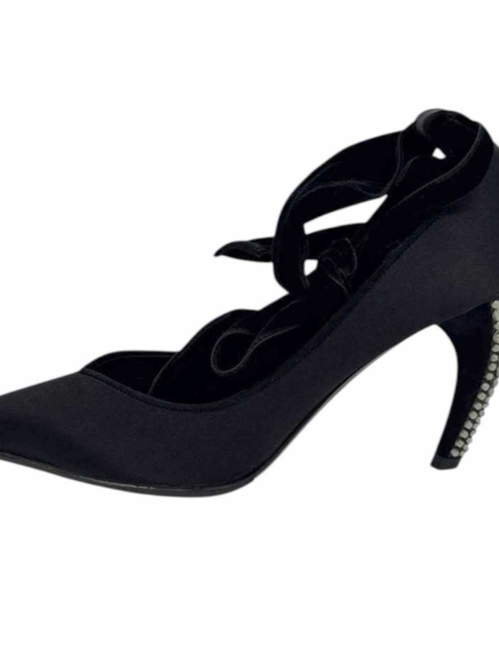Black Satin Lace-Up Pointed Toe Heels with Embellished Heel LV